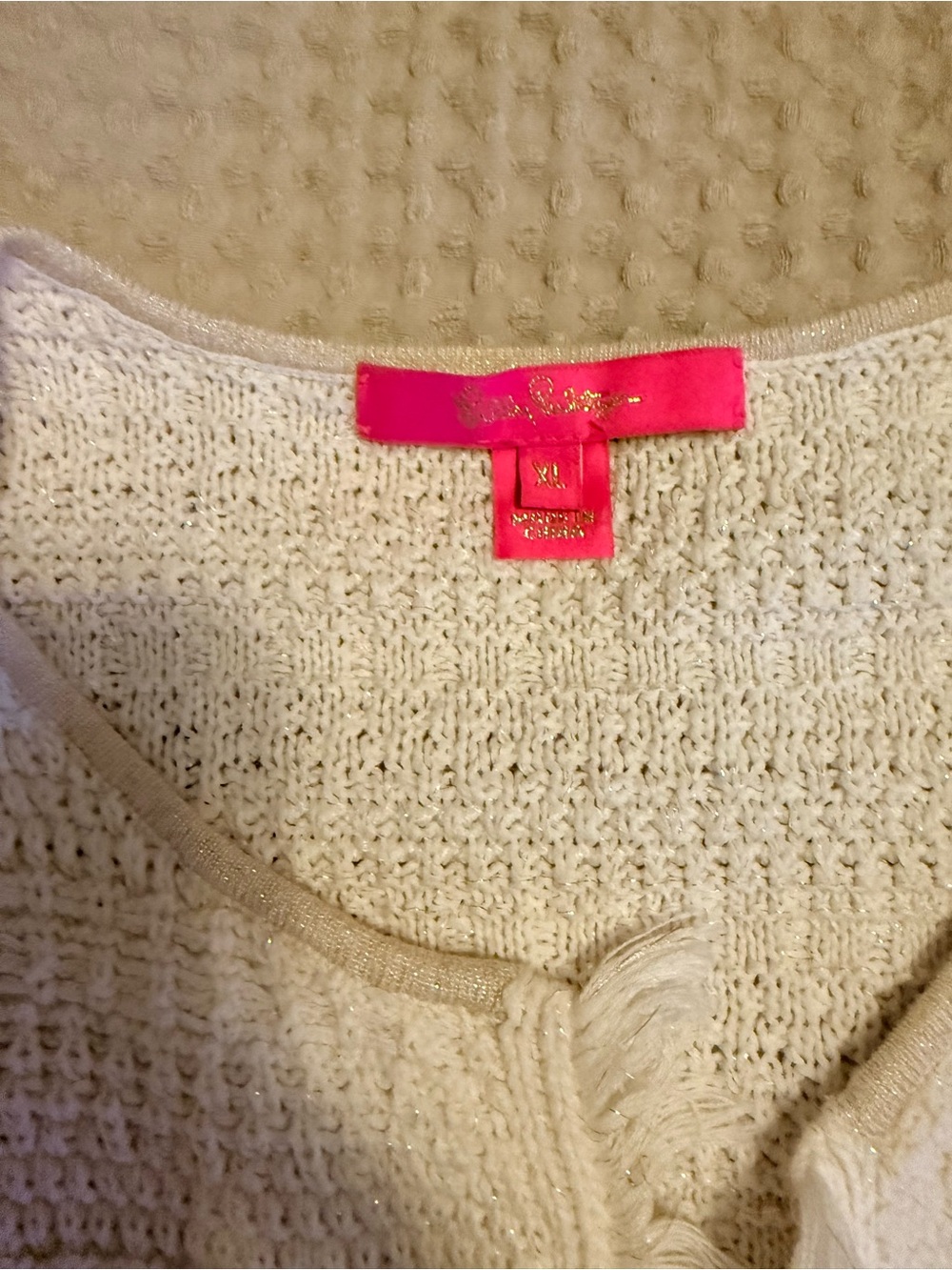 Lilly Pulitzer Women’s Cream Fringe Knit Cardigan with Metallic Trim - Picture 2 of 4